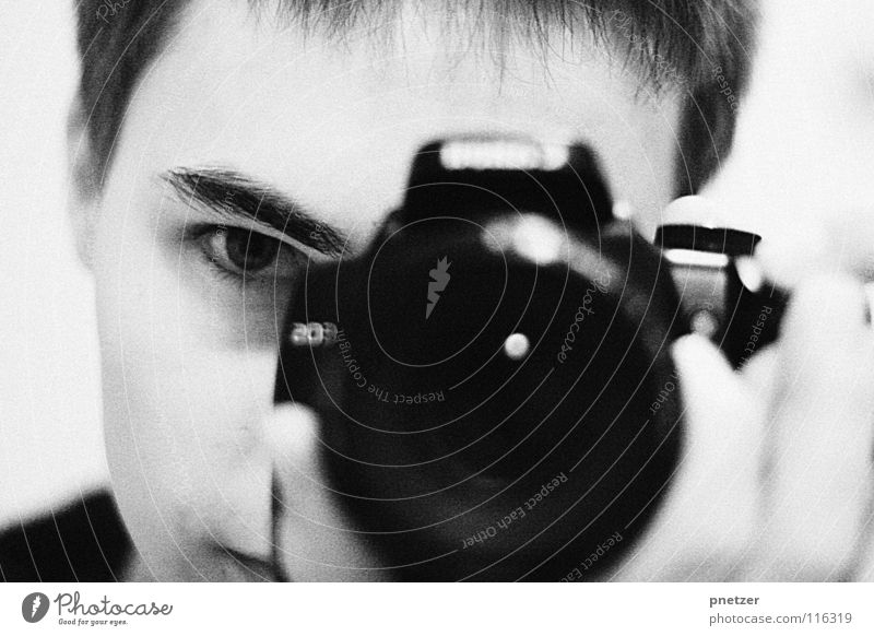 me Portrait photograph Black White Photographer Man Mirror Joy Photography oneself Camera Objective Eyes