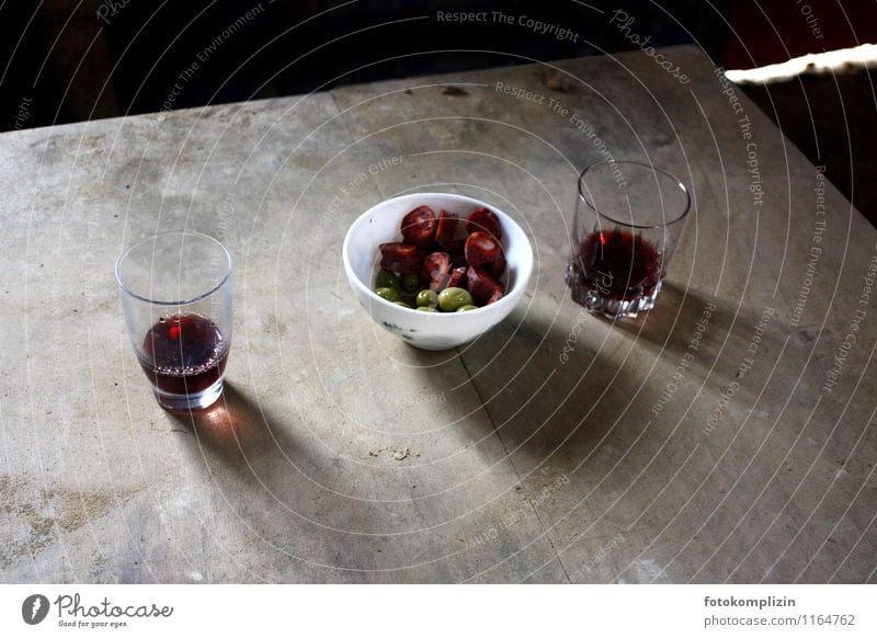 two glasses of red wine and sausage - olive snack Finger food Vine Table Break Glass To enjoy Simple Together Delicious Appetite break time Modest Relaxation
