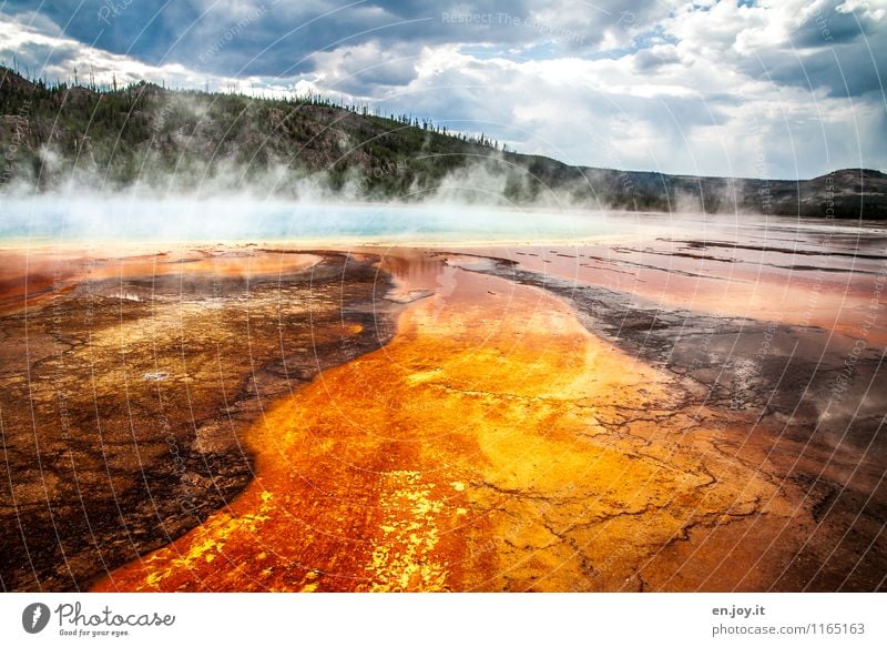 drama Vacation & Travel Tourism Adventure Summer vacation Nature Landscape Storm clouds Forest Hill Hot springs Grand Prismatic Spring Yellowstone National Park