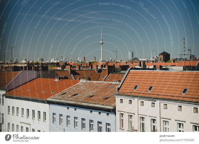 View thing city view with Berlin television tower Cloudless sky Neukölln Capital city Downtown Town house (City: Block of flats) Facade Roof Landmark