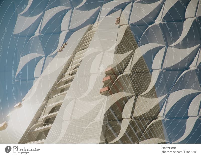 all kinds of corrugated sheet GDR Relief Wall cladding Downtown Berlin Tower block Facade Concrete Ornament Undulation Retro Double exposure Reaction
