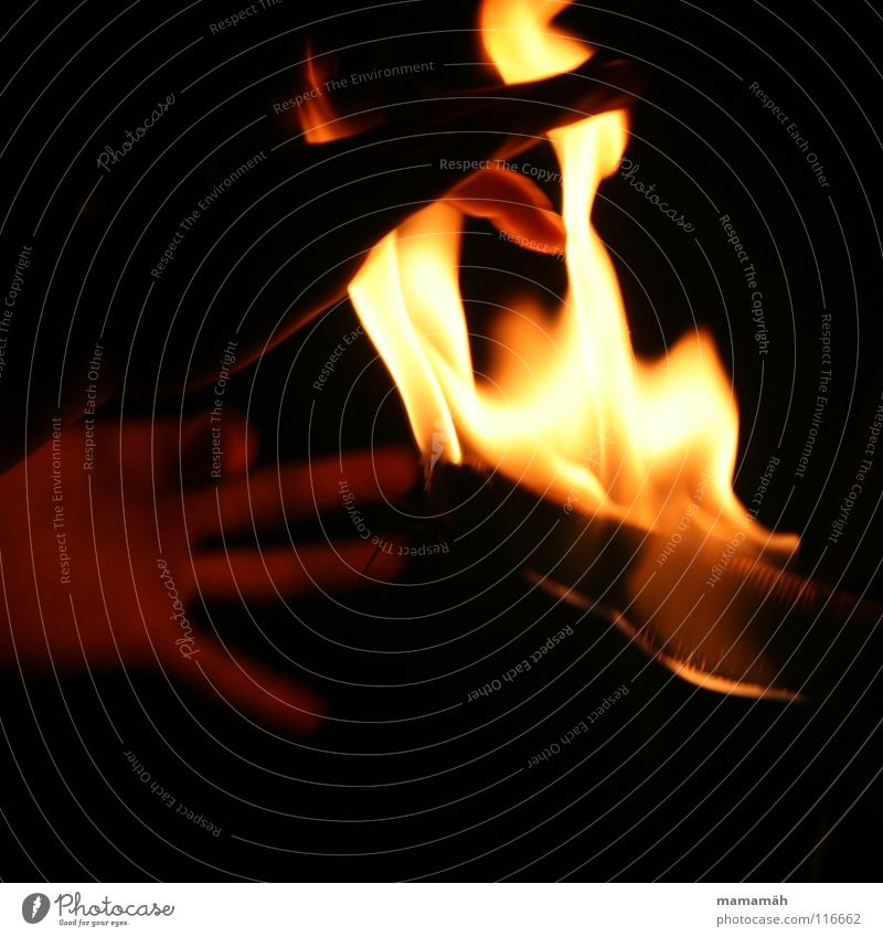 Hand in the fire Fingers Fire Warmth Dark Hot Bright Embers Flame Torch Burn Mysterious Colour photo Exterior shot Night Motion blur Fire hazard