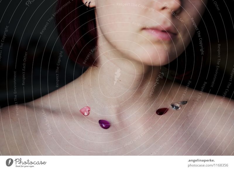 Collarbone of young woman, you can see from face only lips and nose, trapped with glitter stones Mouth Lips Odds and ends pretty Desire Neck Decoration