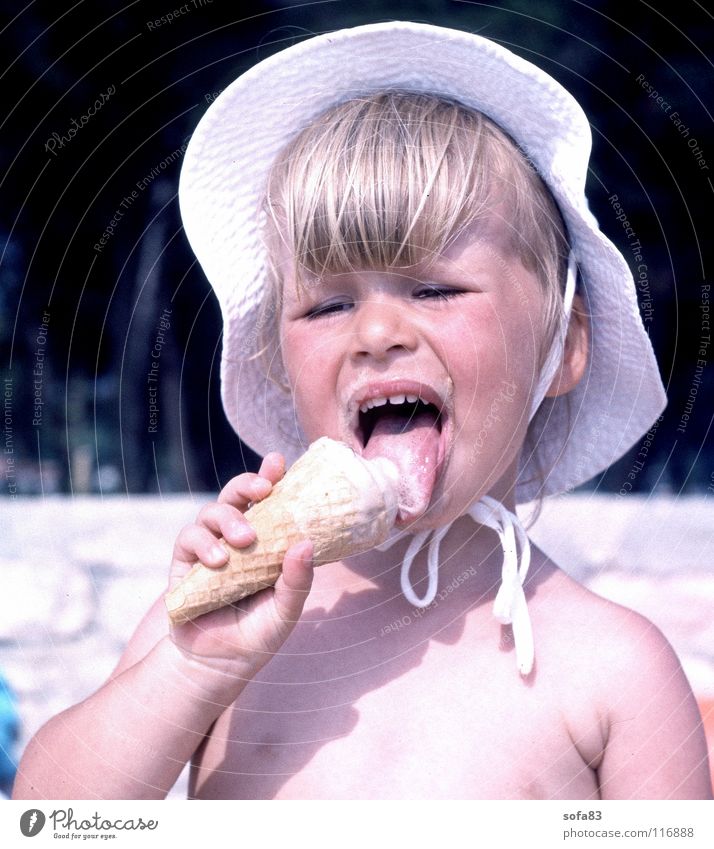 Is it good? Child Girl Summer Beach Delicious Portrait photograph Candy Ice Sun To enjoy Nutrition eat ice cream Tongue Bright Eating