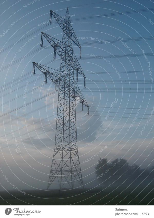 sleeping giant Electricity pylon Large Steel Fog Clouds Delicate Easy Tree Clump of trees Misplaced Sleep Might Exterior shot Industry verschfen Sky Blue Cable
