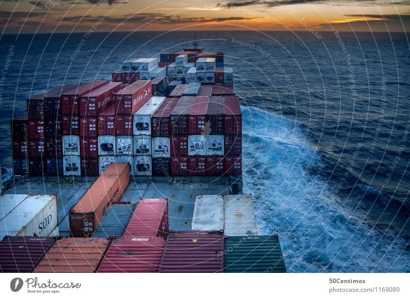 Cargo ship at sea Adventure Work and employment Workplace Logistics Transporter Transport network Transportation vehicle Container Sunrise Sunset