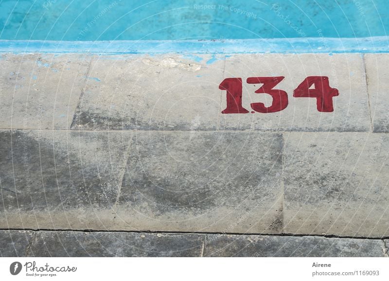 Stone No. 134 Swimming pool Terrace Paving stone Concrete Digits and numbers Signs and labeling Line Cold Gloomy Blue Gray Red Turquoise Disciplined Orderliness