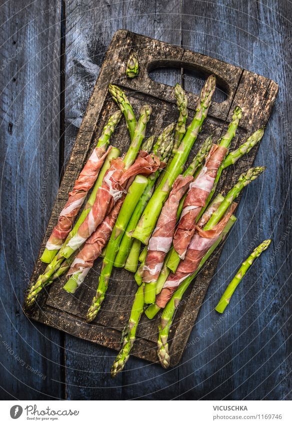 Green asparagus with ham on rustic chopping board Food Meat Sausage Vegetable Nutrition Lunch Dinner Organic produce Style Design Healthy Eating Table
