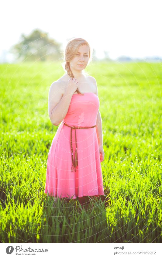 PINk Feminine Young woman Youth (Young adults) 1 Human being 18 - 30 years Adults Environment Nature Summer Beautiful weather Meadow Dress Natural Green Pink