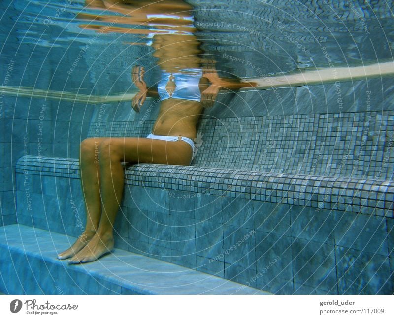 Woman in the pool Bikini Swimming pool Relaxation Cold Cooling Flow Summer Water Sit Spa Underwater photo Healthy Tile Blue