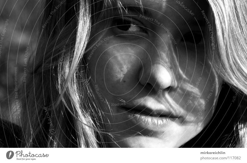no idea - suggestions? Portrait photograph Blonde Black White Sunbeam Ask Timidity Woman Beautiful Mysterious Long Black & white photo Face Hair and hairstyles