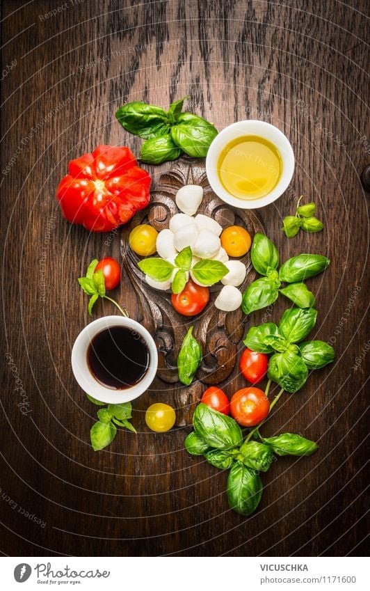 Italian cuisine - tomatoes mozzarella salad prepare Food Cheese Dairy Products Vegetable Lettuce Salad Herbs and spices Cooking oil Nutrition Lunch Buffet