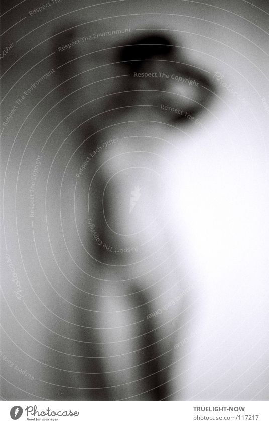 Standing female nude, frontal, with arms crossed behind the head, out of focus, body shapes and contours only hinted at, monochrome, with soft light/shadow contrasts