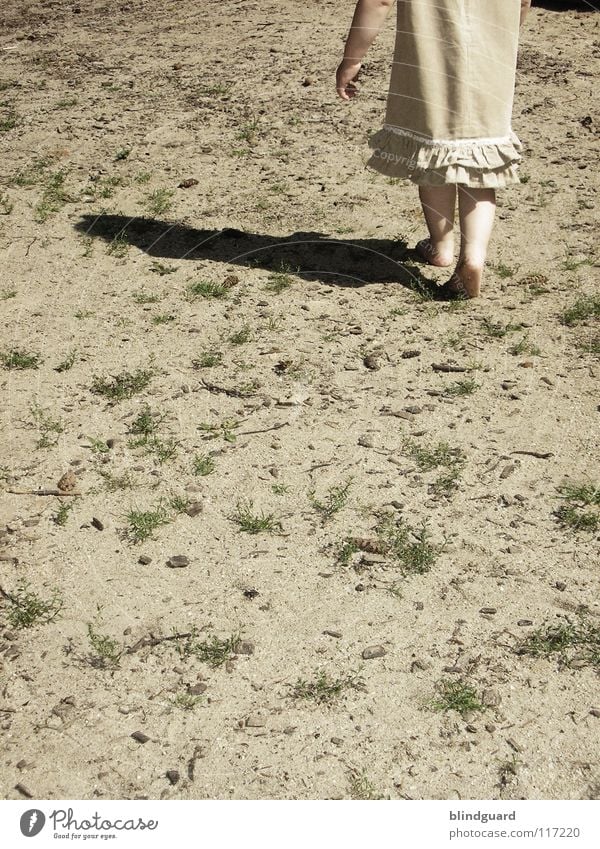 I'm gonna go. Child Blonde Girl Barefoot Dress Wood Search Playground Summer Physics Events Playing Children's game Pastime Kindergarten Child-friendly Future