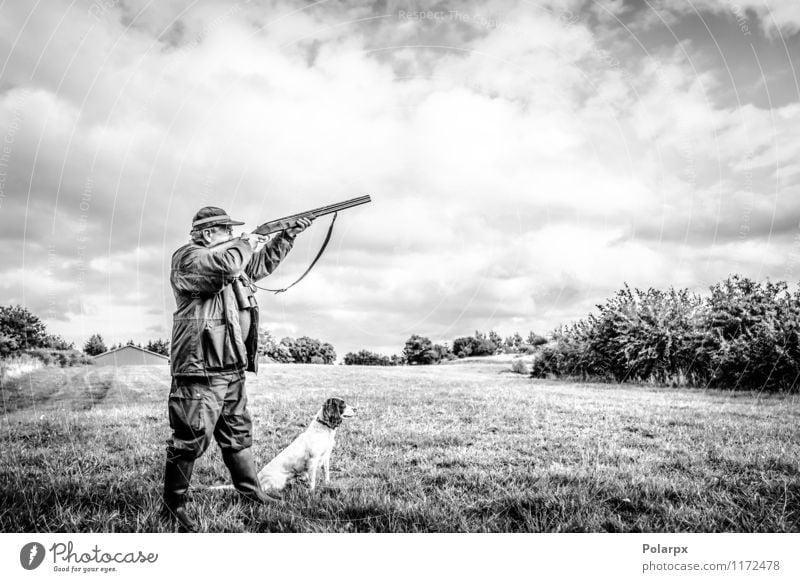 Hunter aiming with rifle Leisure and hobbies Playing Hunting Sports Human being Man Adults Nature Landscape Autumn Meadow Jacket Dog Wild Concentrate Action Aim