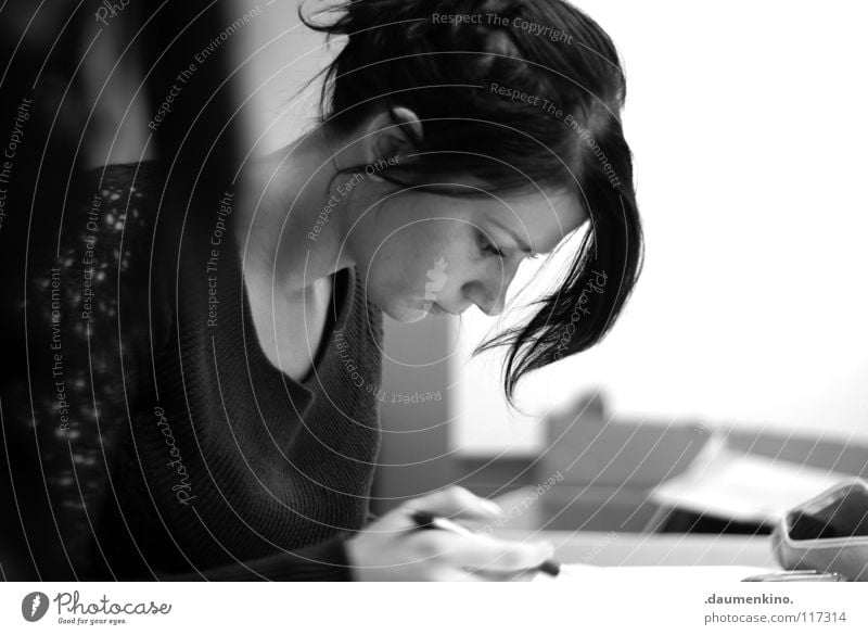 Block and pencil Woman Hand Pencil Paper Conceptual design Thought Think Task Authentic Concentrate Black & white photo Lady Hair and hairstyles Face Ear Nose
