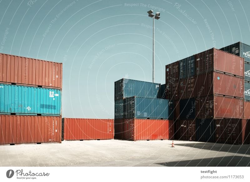 container terminal Workplace Economy Trade Logistics Sun Summer Container Society Shopping Goods Exchange of goods Colour photo Exterior shot Copy Space top