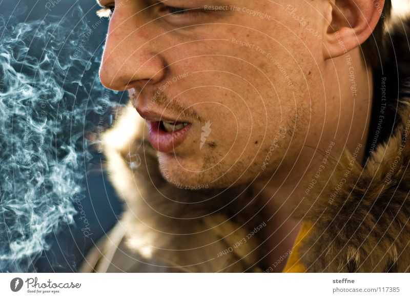 Cold breeze Man Breath Smoke Cigarette Winter Portrait photograph Fresh Ice Complexion Pelt Jacket boy Face Head Death