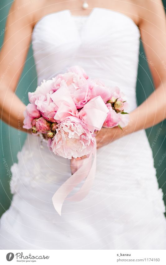 Bridal bouquet of peonies Human being Feminine Young woman Youth (Young adults) Skin Arm Spring Beautiful weather Flower Peony Dress Wedding dress Jewellery