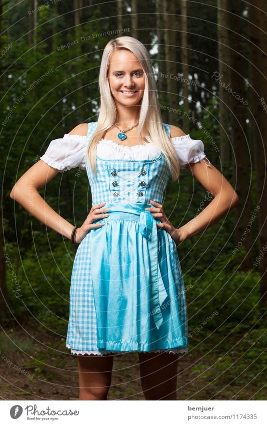 Woman in dirndl in forest Oktoberfest Human being Young woman Youth (Young adults) 1 18 - 30 years Adults Fashion Clothing Shirt Friendliness Happiness pretty