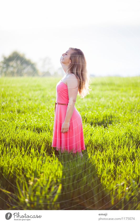 PINk Feminine Young woman Youth (Young adults) 1 Human being 18 - 30 years Adults Nature Summer Beautiful weather Meadow Dress Blonde Natural Green Pink