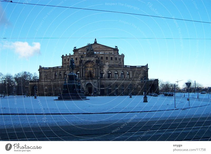 Semper Opera Dresden Winter Monument Cold Architecture Snow Frost Famous building Famousness Historic Historic Buildings Blue sky Neutral Background