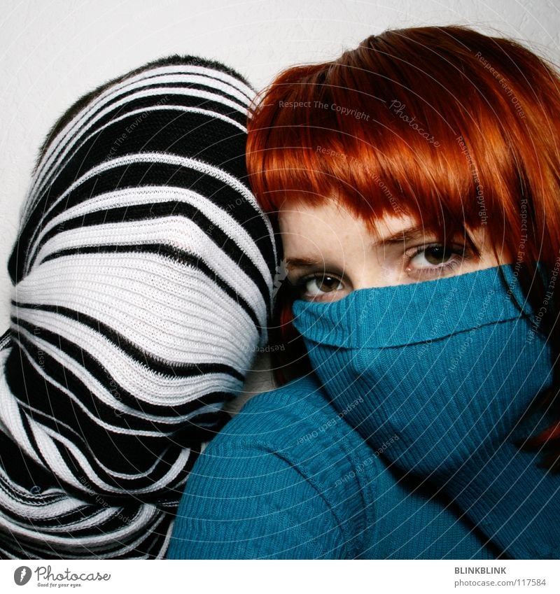 mrms2 Man Woman Turquoise Roll-necked sweater Sweater Scarf Stripe Black White Hand Red Red-haired Haircut Glittering Beautiful Shoulder Concealed Wool Rope