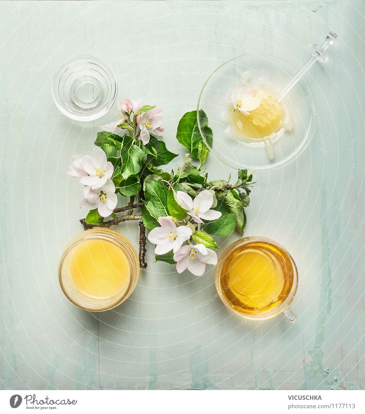 Honey with fresh fruit tree blossoms Food Candy Jam Nutrition Organic produce Vegetarian diet Diet Beverage Tea Crockery Plate Cup Mug Glass Spoon Life Nature