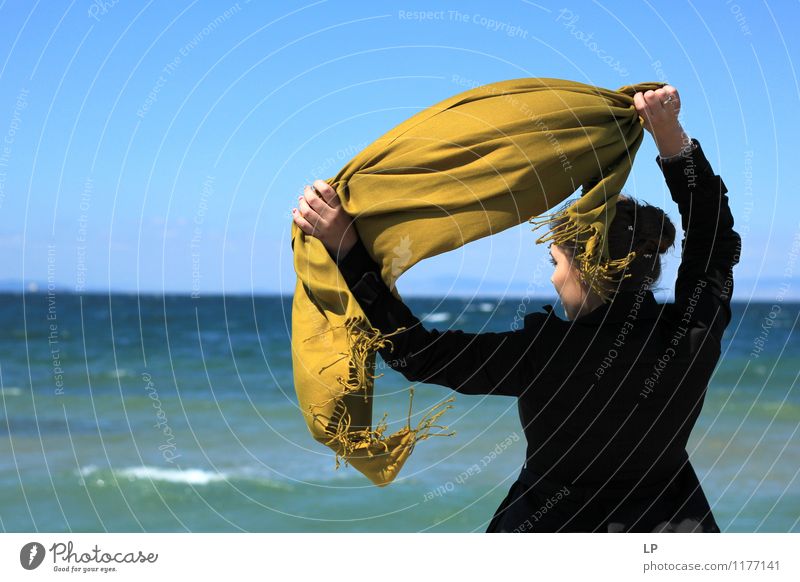 mustard scarf Feminine Back 1 Human being Observe Discover To hold on To enjoy Looking Far-off places Bright Beautiful Uniqueness Maritime Blue Gold Black Joy