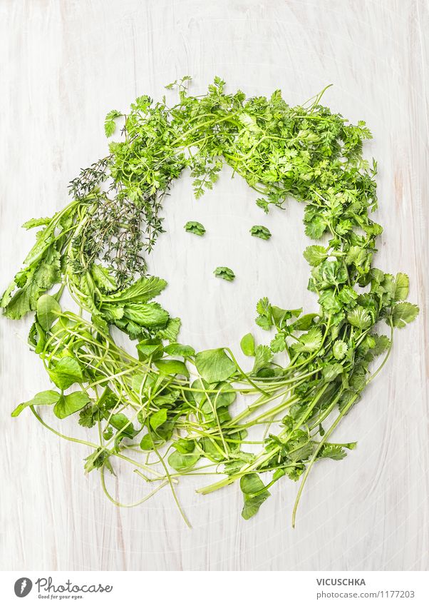 Women's face made of fresh herbs Food Lettuce Salad Herbs and spices Nutrition Organic produce Vegetarian diet Diet Design Human being Woman Adults