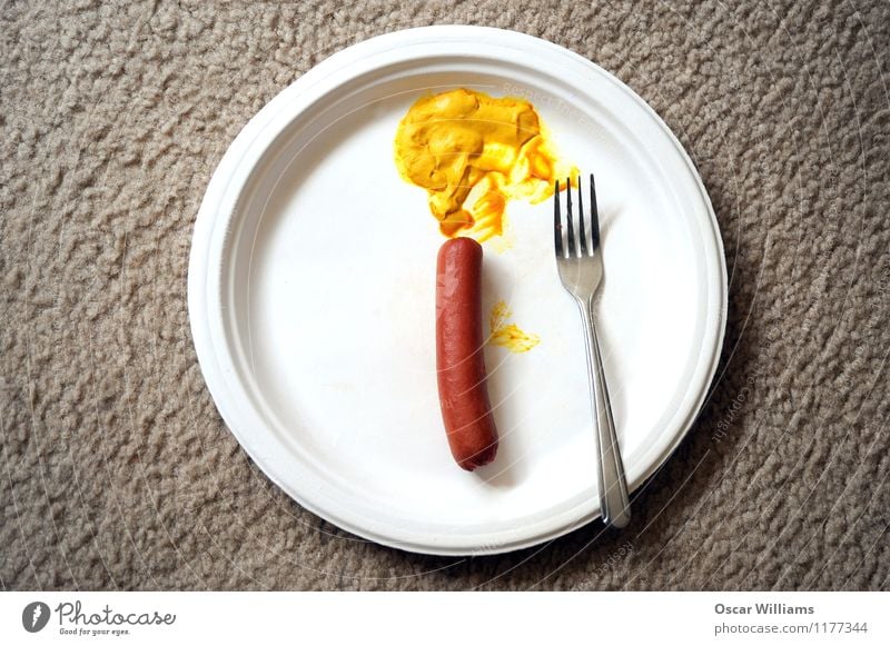 Hot dog and mustard. Food Meat Sausage Eating Lunch Fast food Plate Room Colour photo Interior shot Deserted Day Deep depth of field Central perspective