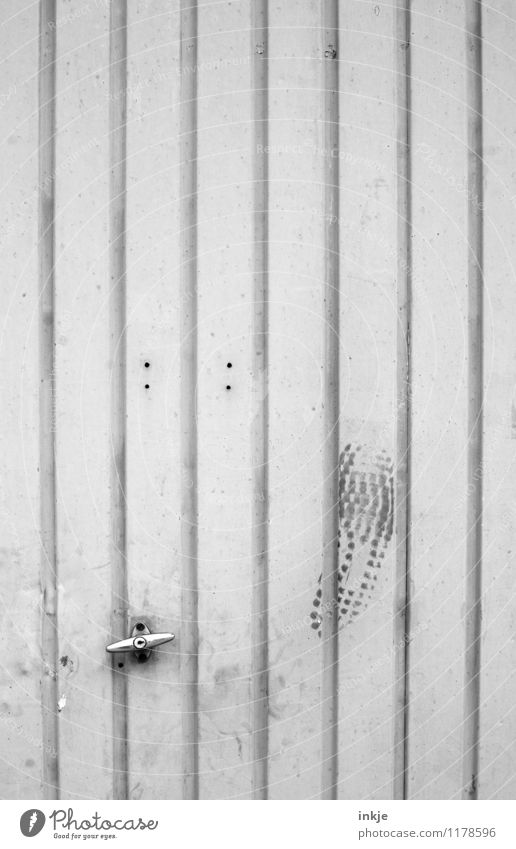 and it's stuck. Living or residing Garage door Factory Gate Door Metal door Door handle Footprint Line Stripe Old Dirty Anger Emotions Aggravation Frustration