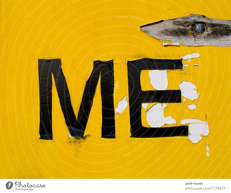 ME on yellow background Typography Packing film Signs and labeling Word Authentic Simple Broken Retro Yellow Decline Transience Change Ravages of time Weathered