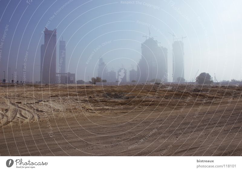 Escape Tower Dubai United Arab Emirates Construction site Fog Business Bay Sand Morning Desert Sun Burj Dubai Falcon Tower executive towers Dubai Holding enamel