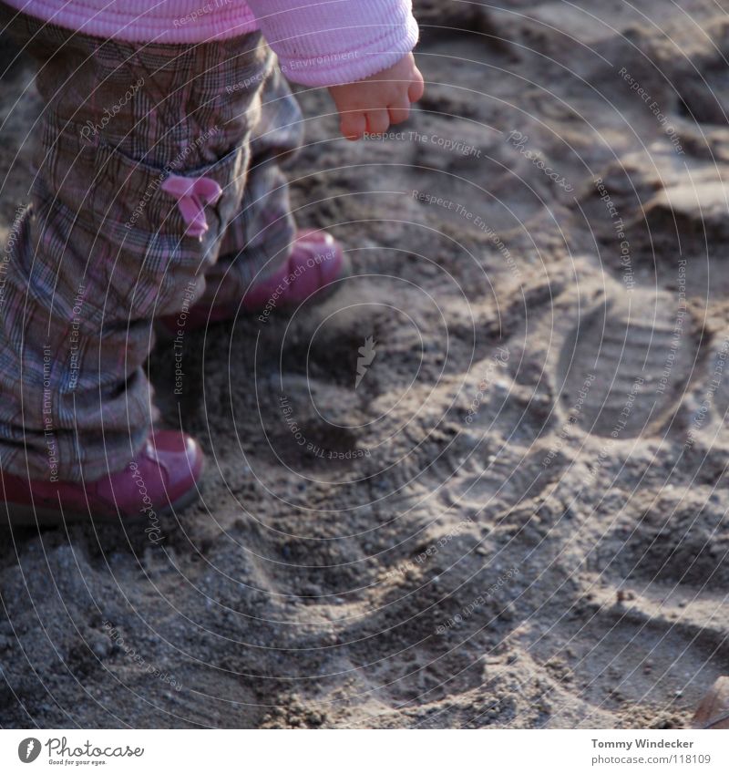 Sandpit Catwalk Toddler Child Girl Footprint Pink Violet Bow Beautiful Doll Cute Multicoloured Sweet Patent shoes Going Hand Sunlight Childlike Beach Coast