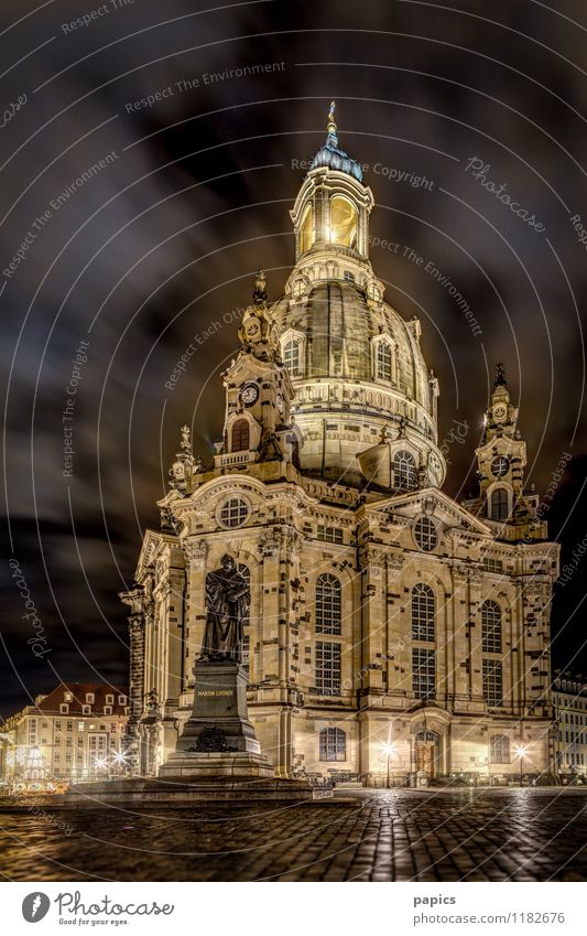 Frauenkirche of Dresden on a cold winter night Town Capital city Port City Downtown Old town Deserted Church Manmade structures Building Tourist Attraction