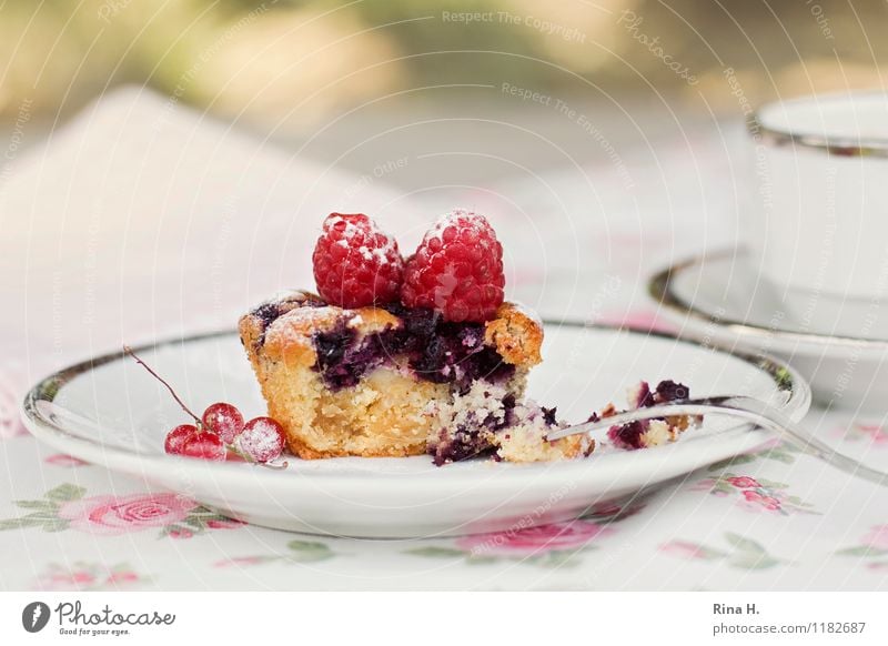 Coffee and cake Dough Baked goods Cake Nutrition Crockery Plate Cup Delicious Sweet To enjoy Muffin Raspberry Fruit flan Tablecloth Colour photo Exterior shot