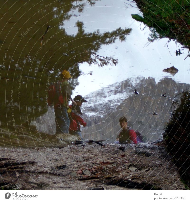 plunged into the puddle Puddle Mirror Grass Gray Mud Dolomites Peak Child Mirror image Clouds Dark Coniferous trees Italy Tunnel Navigation Mountain Rock Sky
