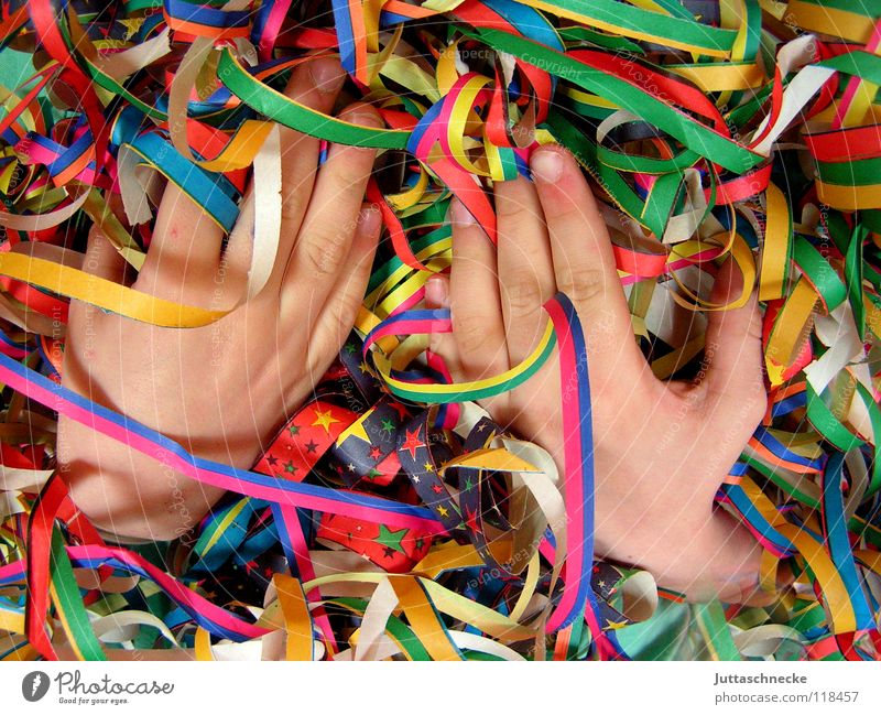 happy hands Hand Party Paper chain Multicoloured Red Green Yellow Fingers Thumb Forefinger Middle finger Ring finger Chaos Muddled Carnival Club Joy
