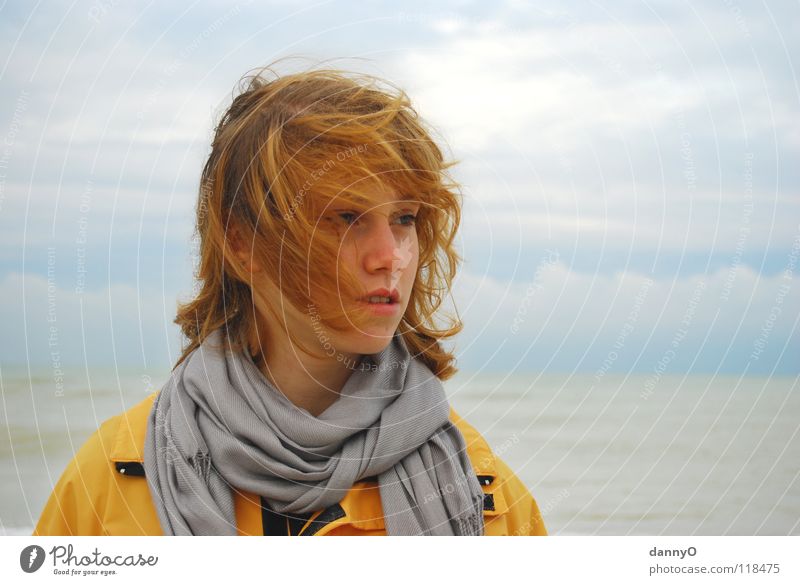 windy... Clouds Gale Ocean Yellow Jacket Autumn Joy Wind Head Blue Contrast bleak Rain Hair and hairstyles