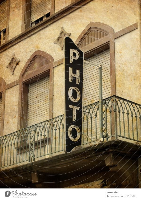French Photography France Vosges Mountains Neon sign Brown Balcony Photo shop Detail Old Sepia Architecture