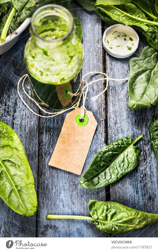 Label and bottle with green smoothie Food Vegetable Lettuce Salad Breakfast Organic produce Vegetarian diet Diet Beverage Juice Style Design