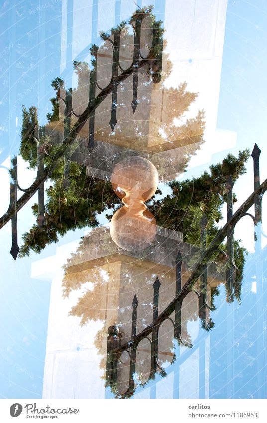 heavy on one's heels Gate Wrought iron Prongs Point Building stone Column Decoration Sphere Terracotta Bushes Oleander Cypress Double exposure Distorted 180°