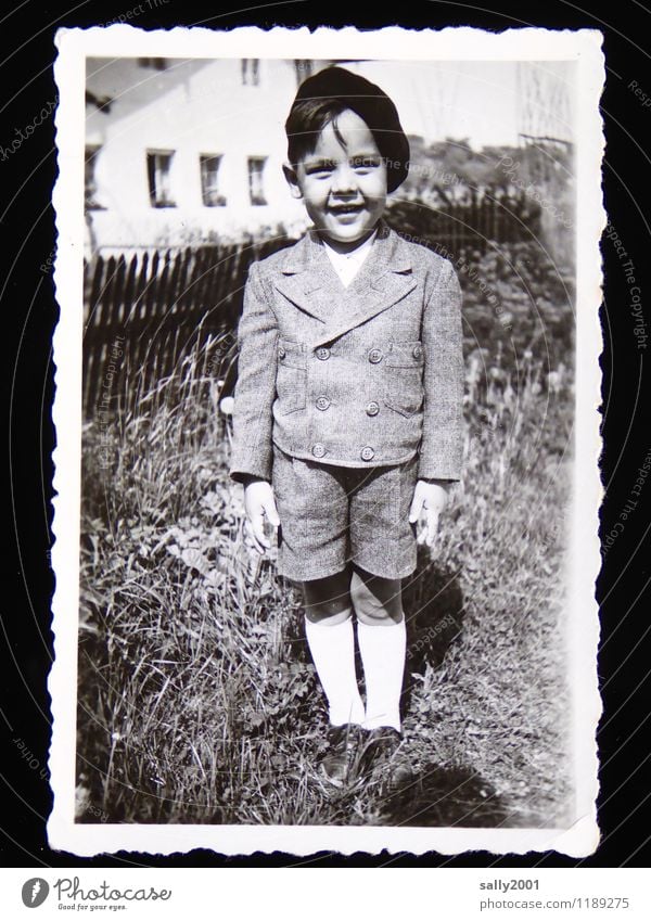 childhood memory... Masculine Child Boy (child) 1 Human being 3 - 8 years Infancy Garden Suit Jacket Sock Bermuda shorts Cap Smiling Stand Brash Friendliness