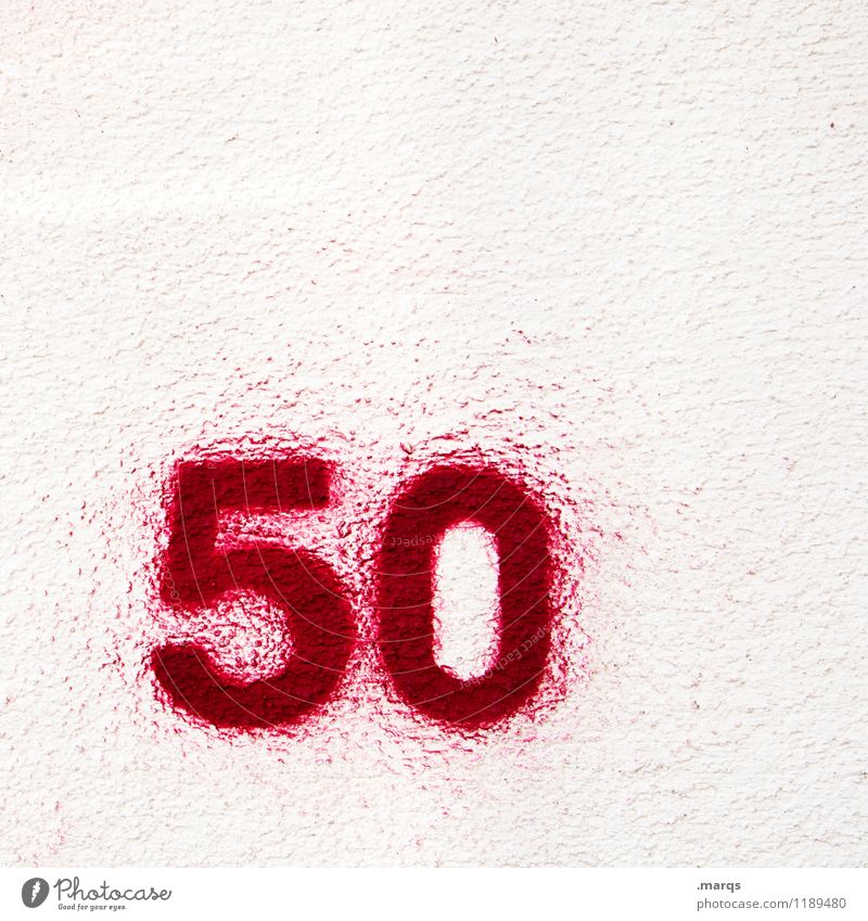 50 Birthday Jubilee Wall (barrier) Wall (building) Dye Digits and numbers Old Simple Red White Age Colour photo Exterior shot Close-up Structures and shapes