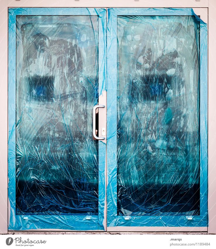 reopening Door Metal Plastic New Blue Beginning Front door Opening Closed New building Colour photo Exterior shot Structures and shapes Deserted Copy Space left