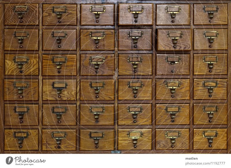 pigeonhole thinking Workplace Office Container Wood Old Sharp-edged Brown Arrangement Cupboard Brass plaque Digital File Drawer Index card data retention