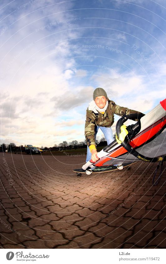 STREET[WIND]SURFER III Skateboarding Windsurfing Man Parking lot Sports Action Cap Luff Clouds Fisheye Extreme Extreme sports Leisure and hobbies Playing Sail