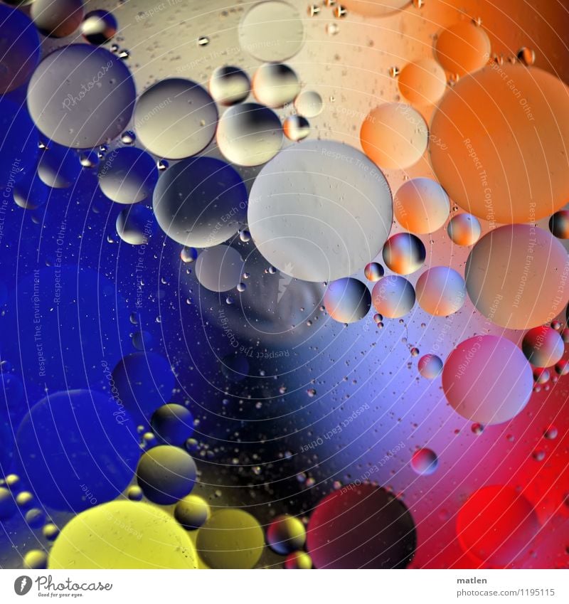 bubbly Water Sphere Communicate Blue Multicoloured Yellow Gray Orange Red Black White Round Oil polarity Mixture Distributed bubble Abstract Colour photo