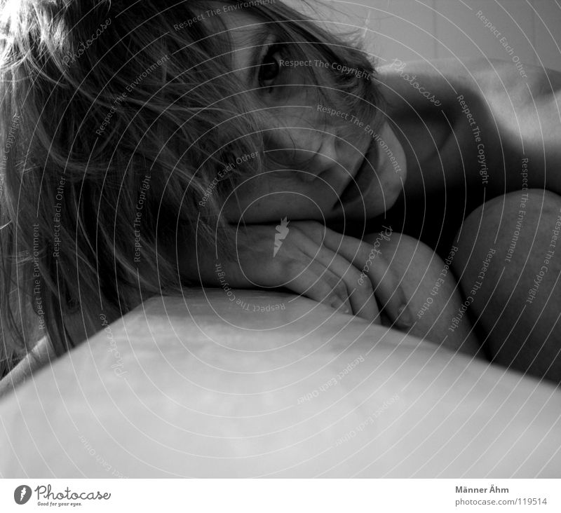 Without you... Beautiful Face Woman Adults Think To hold on Lie Embrace Dark Naked Black White Trust Loneliness Perspective Feeble Point of light High point